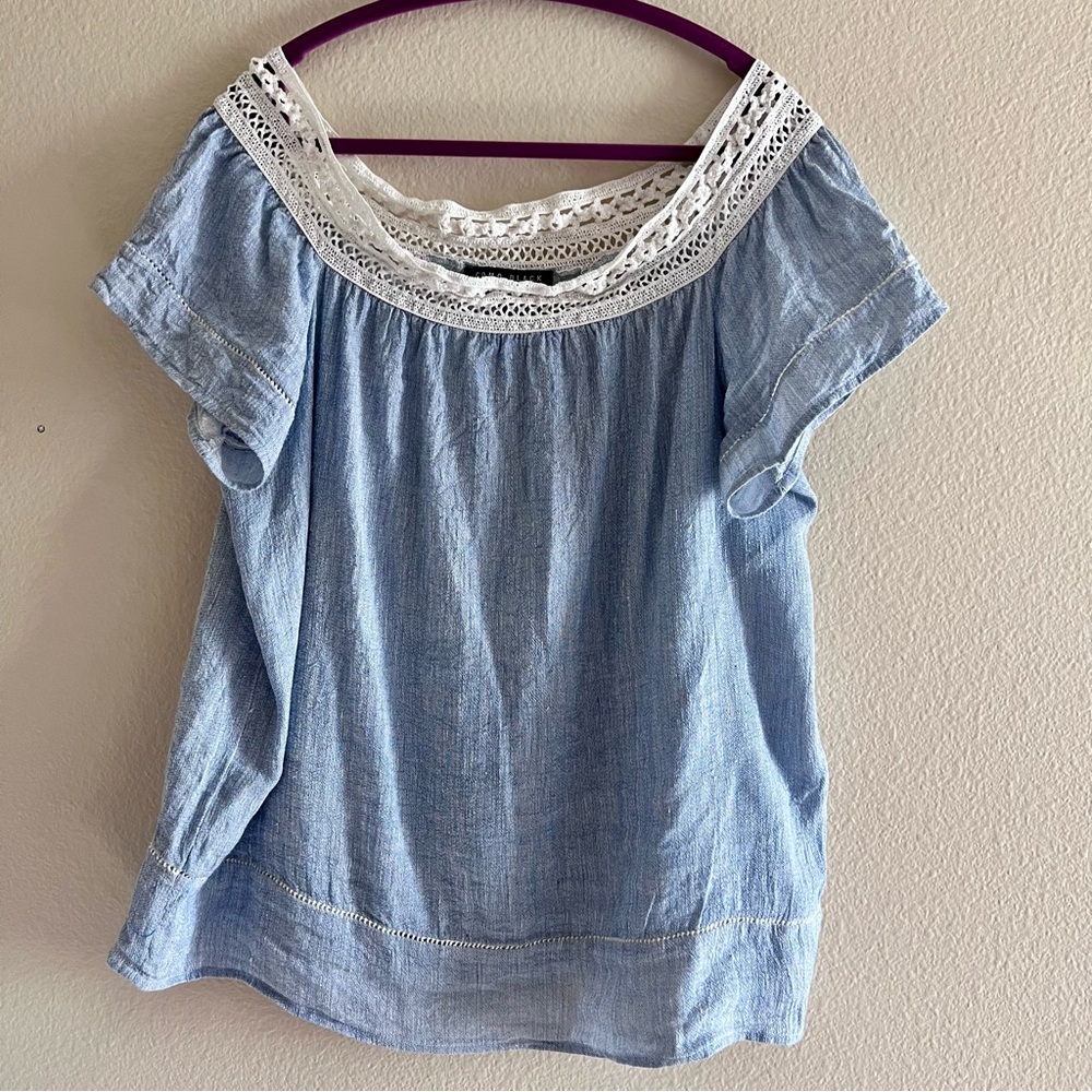 Como Black Short Sleeve Blue Linen Blend Lace Trim Women's Top L
